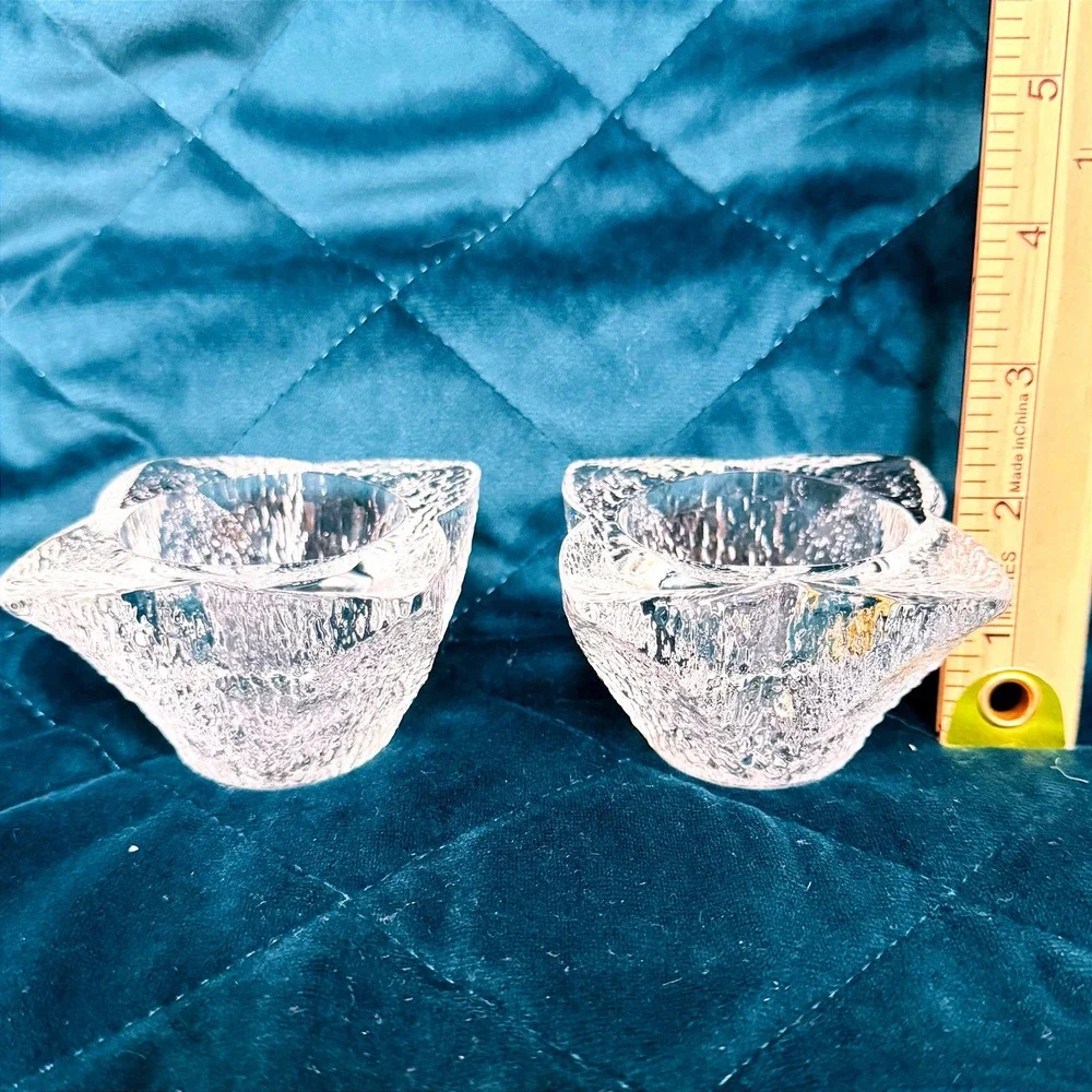 Vintage Ice Glass Candle Holders Pair Textured Clear MCM‎ Tealight Votive Cups